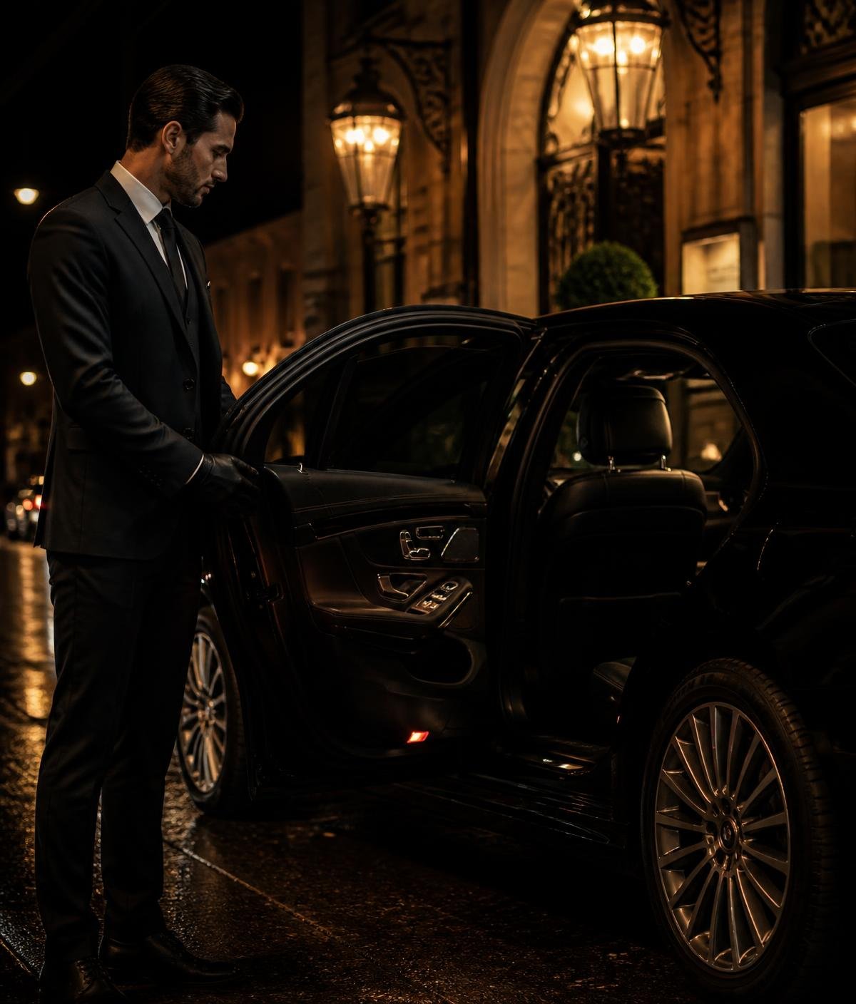 Chauffeur in a dark suit opening the rear door of a black luxury sedan in the evening