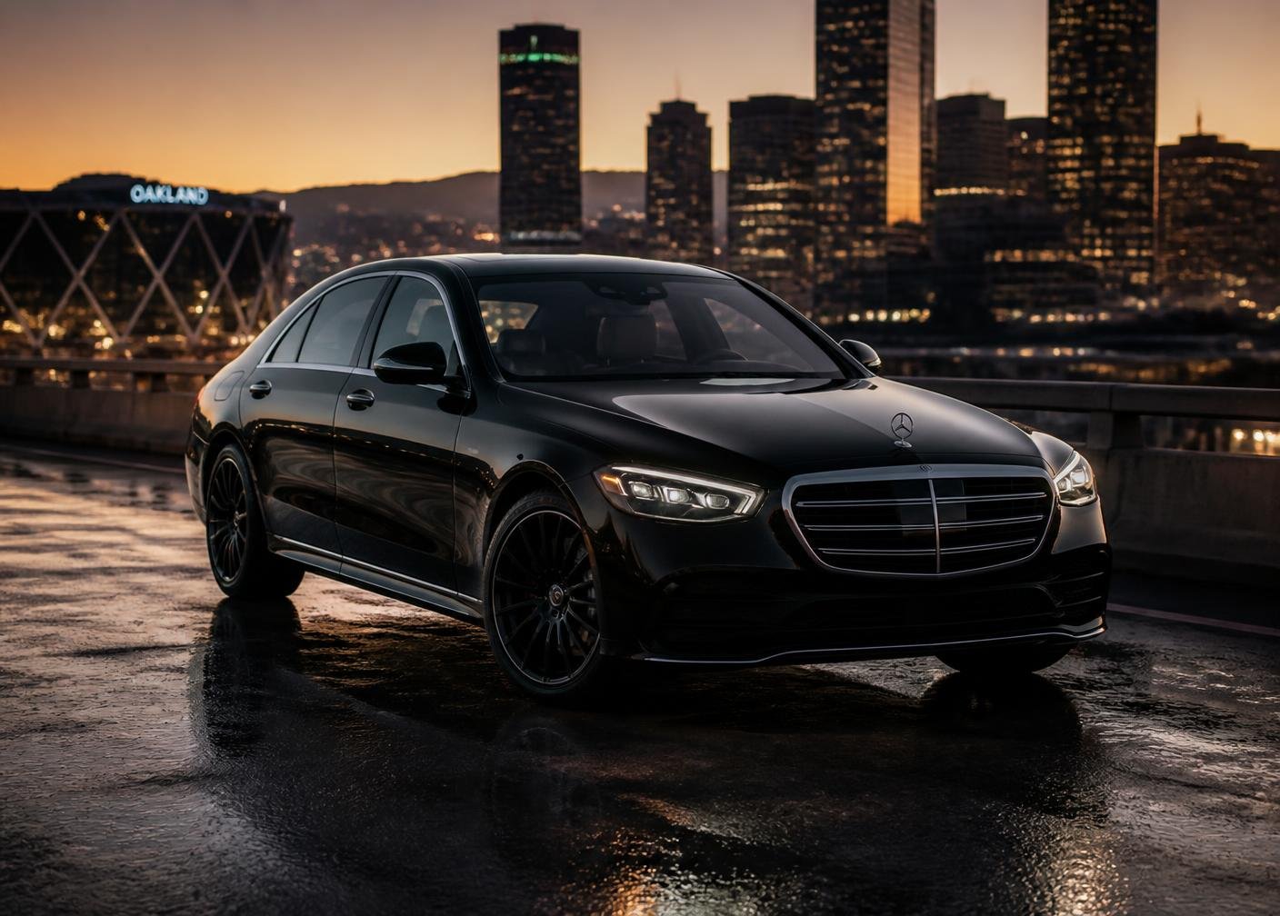 Black Mercedes-Benz S 580 4MATIC sedan on an Oakland roadway at dusk