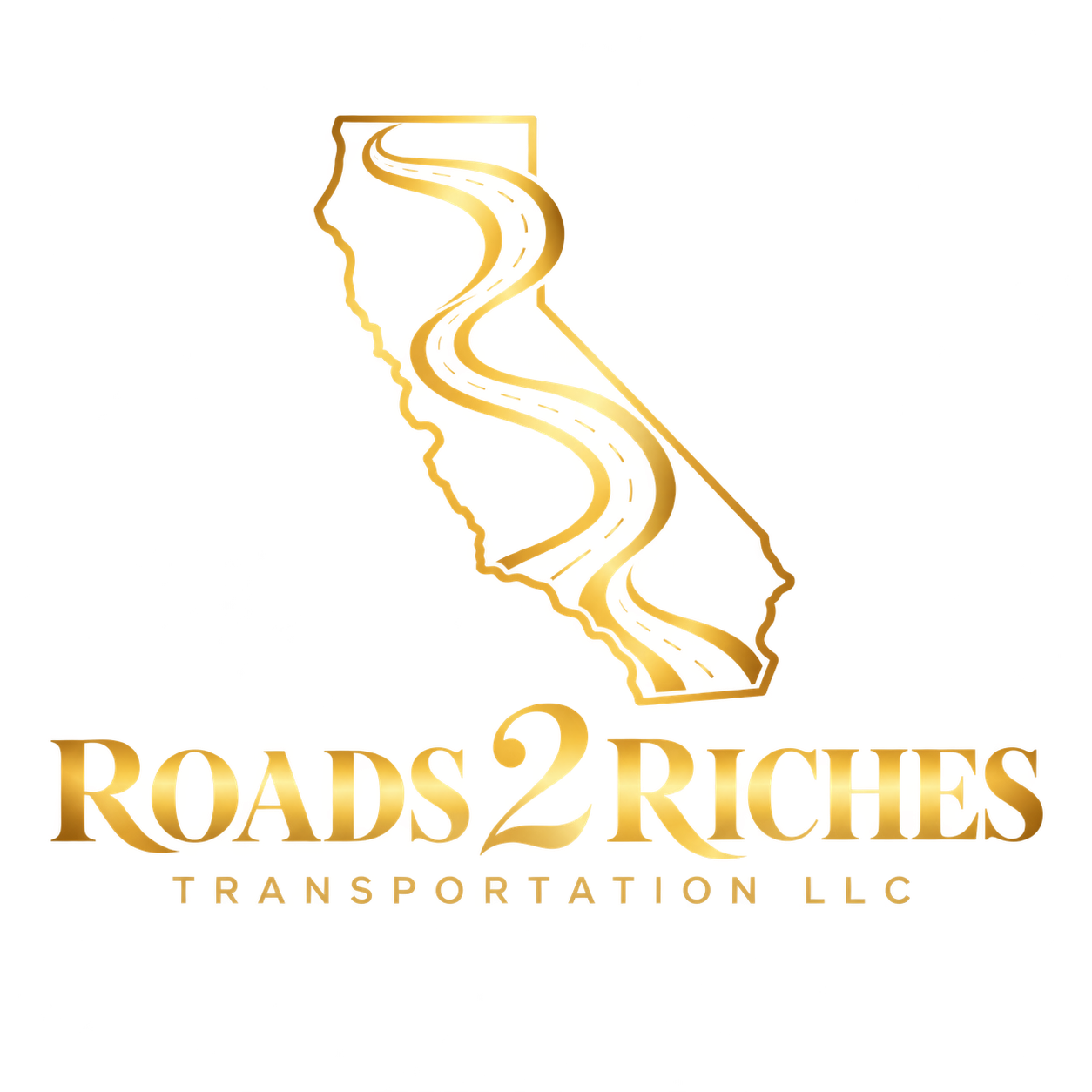 Roads 2 Riches Transportation LLC logo: gold California silhouette with a winding road